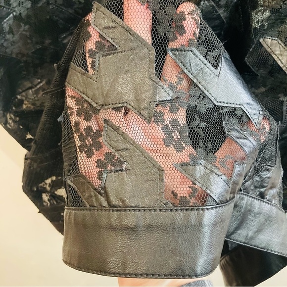 BETTY BARCLAY Sz 14 Knit Vegan Leather Houndstooth Floral Sheer Lace Long Jacket - Picture 13 of 14